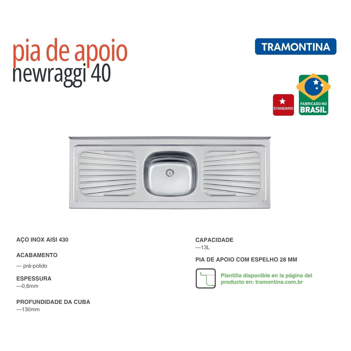 Pia de Apoio Cozinha Tramontina 150x52 cm New Raggi 40 Aço Inox