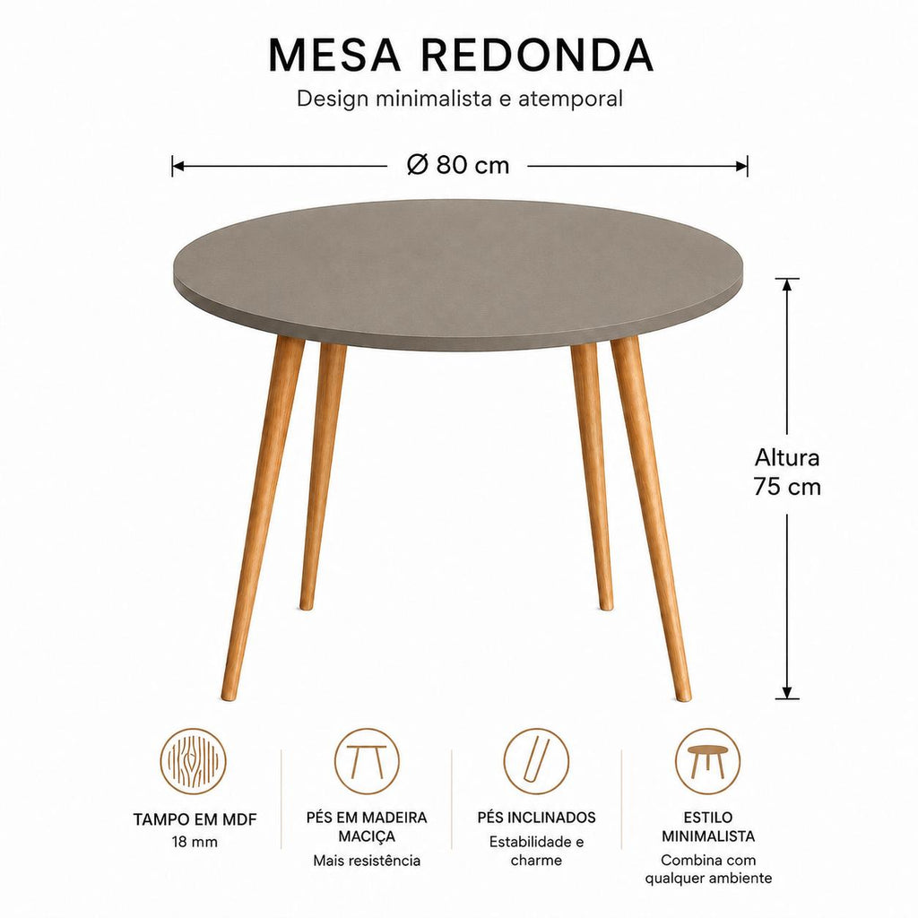 Mesa Jantar Sofia Redonda 80cm Mocca 18mm Pés de Madeira Natural Marin
