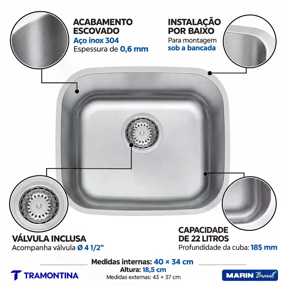 Cuba de Pia Inox Escovado Tramontina Lavínia Plus 40 BL 40 x 34 cm com Válvula 4 1/2 pol