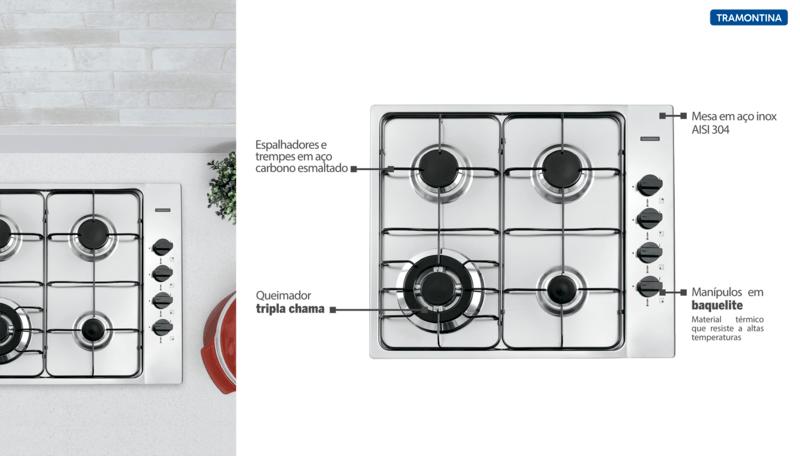 Cooktop Inox 4 Queimadores New Square 4GX Tri 60 Tramontina 94701211
