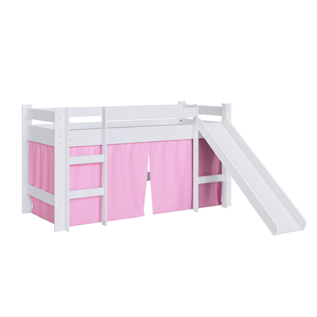 Cama Infantil Elevada com Escorregador Branco e Cortina Rosa Completa Móveis