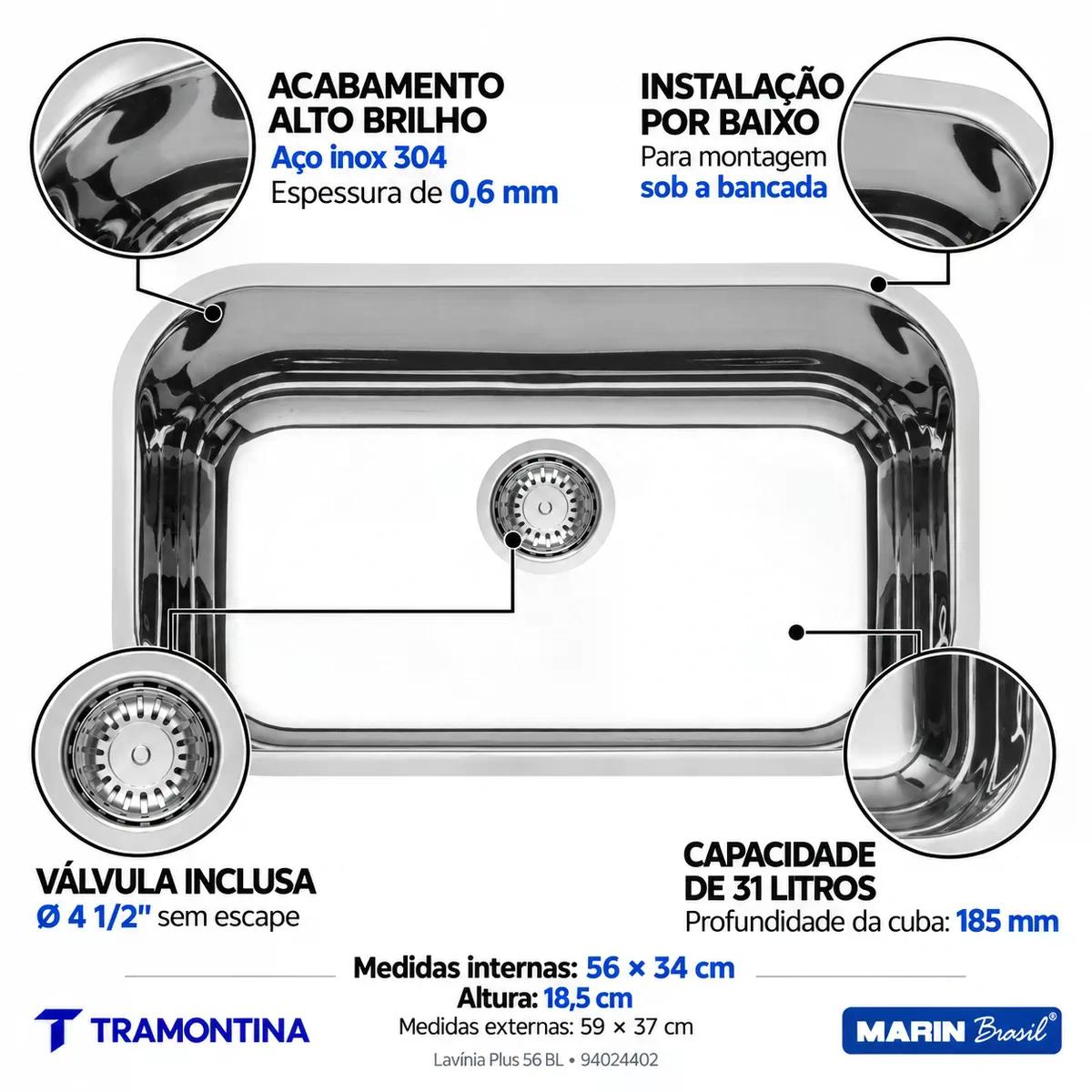 Cuba Tramontina Lavínia Plus 56 BL Inox Alto Brilho 56 x 34 cm Válvula 4 1/2 pol