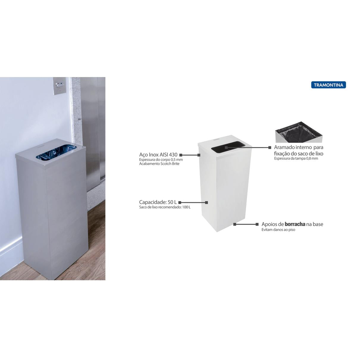 Lixeira Inox Tramontina Square 50 Litros Acetinado