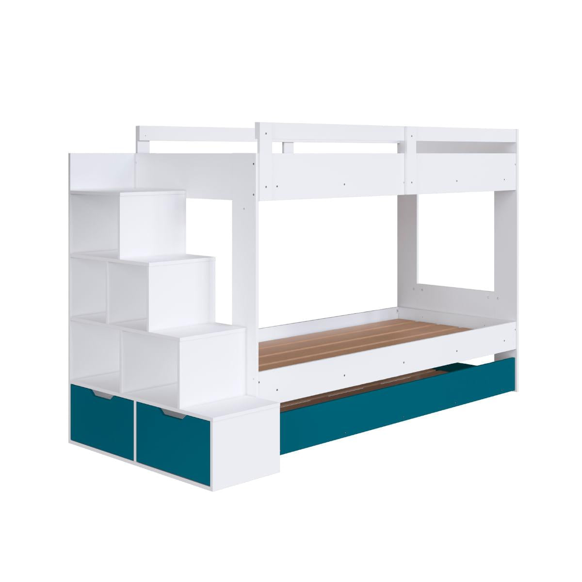 Treliche Infantil Branco e Azul Escada Lateral Nichos Gavetas e Cama Auxiliar Completa Móveis