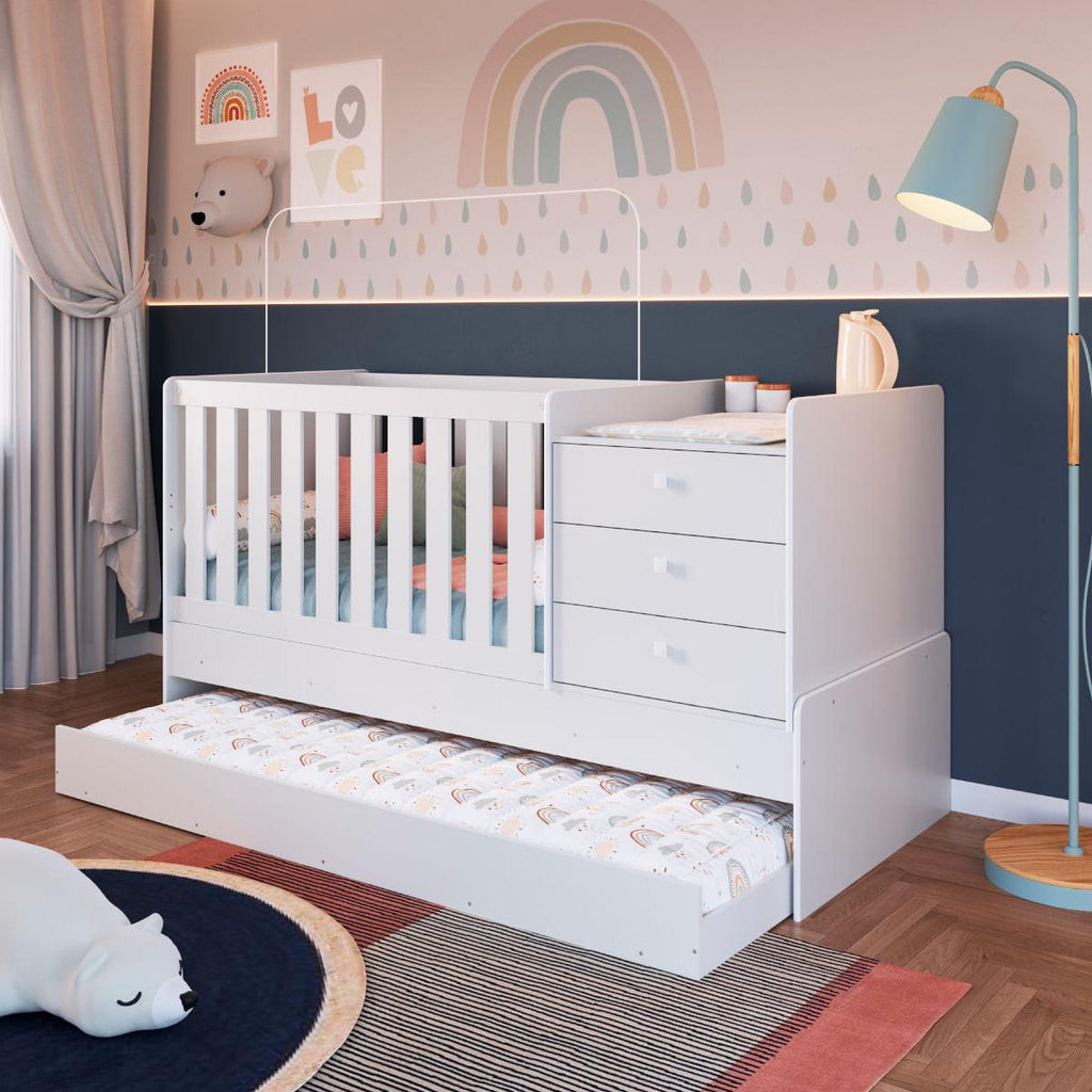 Berço Cama com Cômoda e Cama Auxiliar Branco Completa Móveis