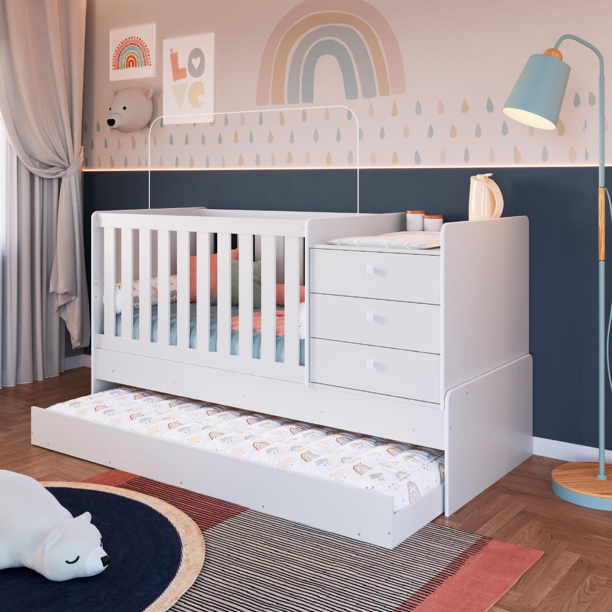 Berço Cama com Cômoda e Cama Auxiliar Branco Completa Móveis