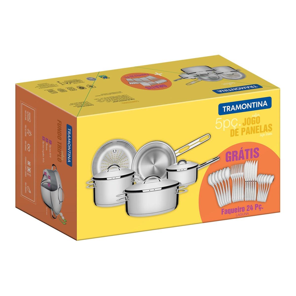 Jogo de Panelas Tramontina Solar em Aço Inox com Fundo Triplo 5 Peças com Faqueiro 24 Peças Laguna