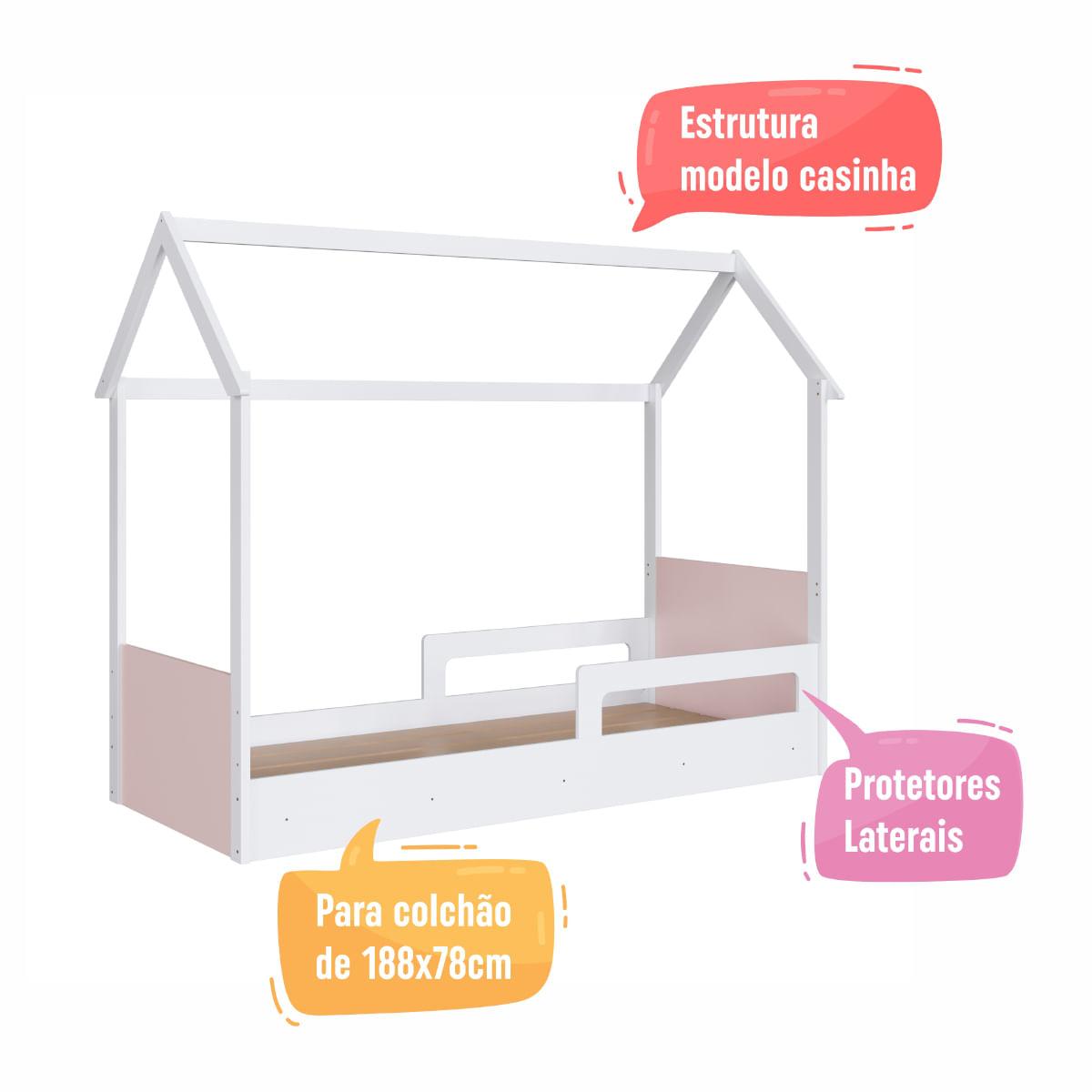 Cama Infantil Montessoriana Solteiro Branco com Rosa Completa Móveis