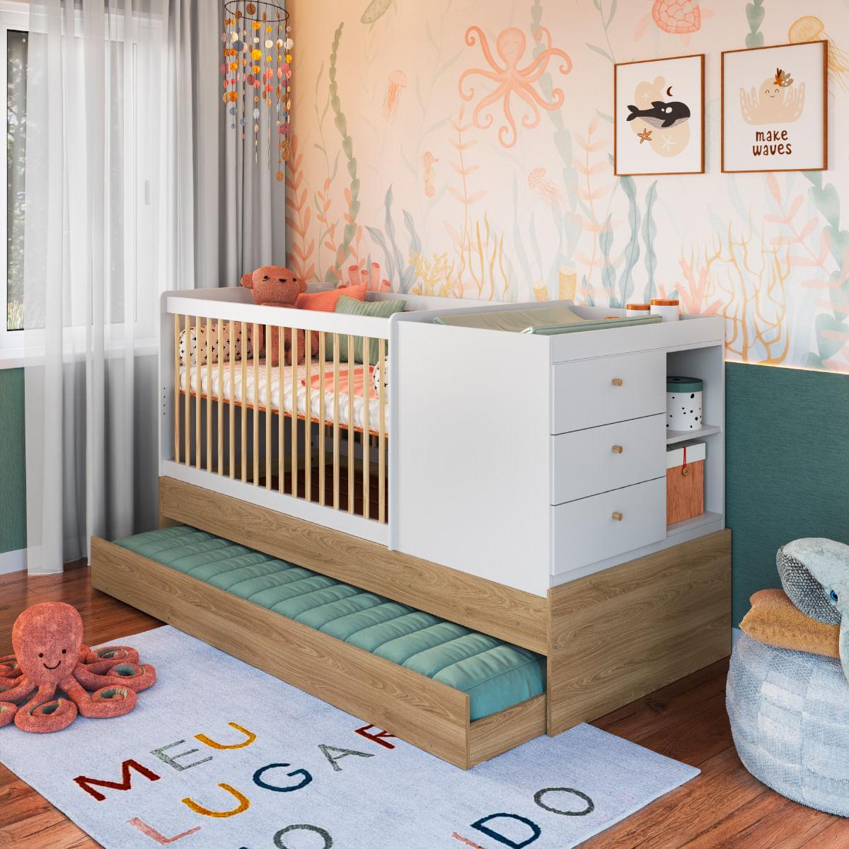 Berço Cama com Cômoda e Cama Auxiliar Aveiro Branco Completa Móveis