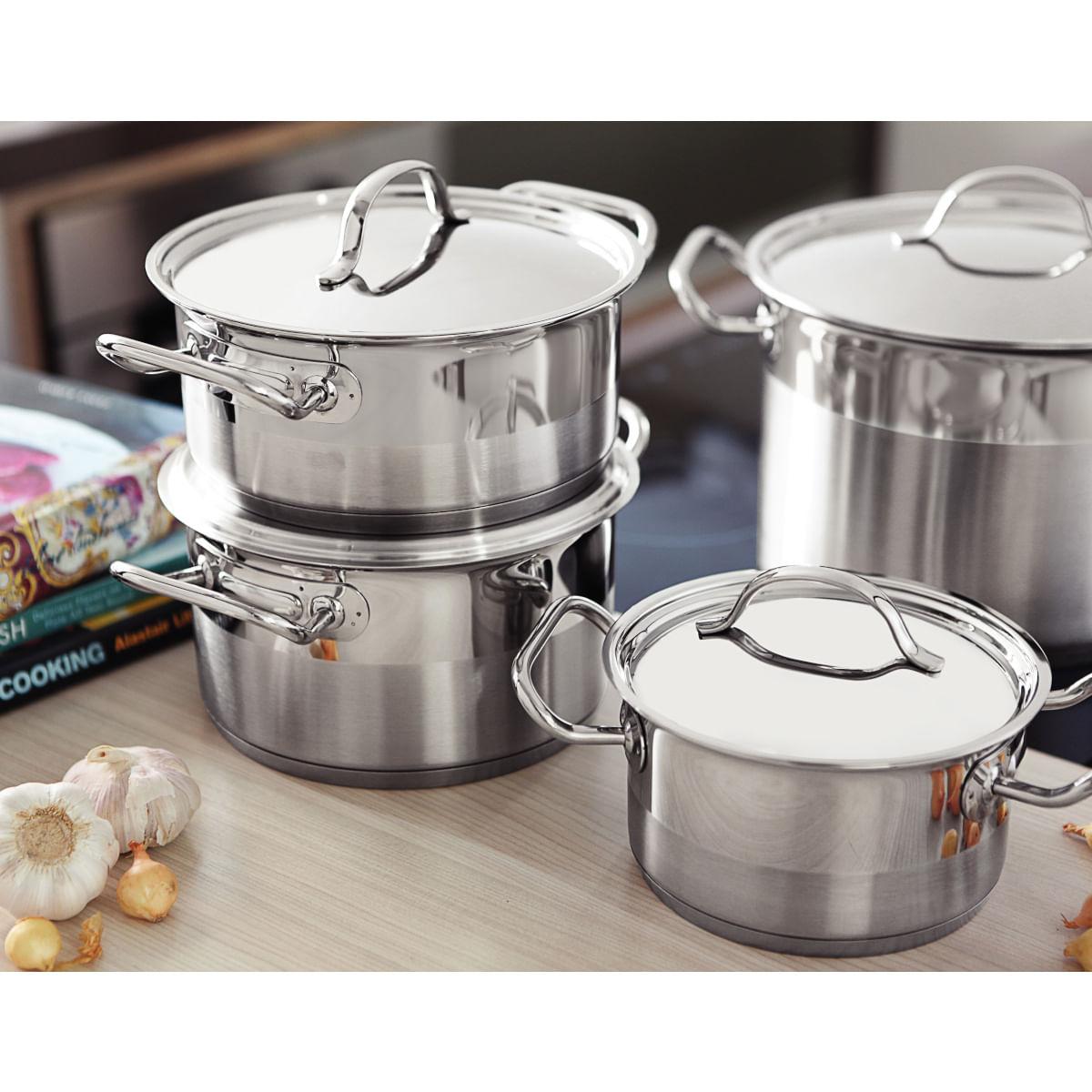 Caçarola Rasa Tramontina Professional Aço Inox 4,7L com Tampa Plana e Fundo Triplo 24cm