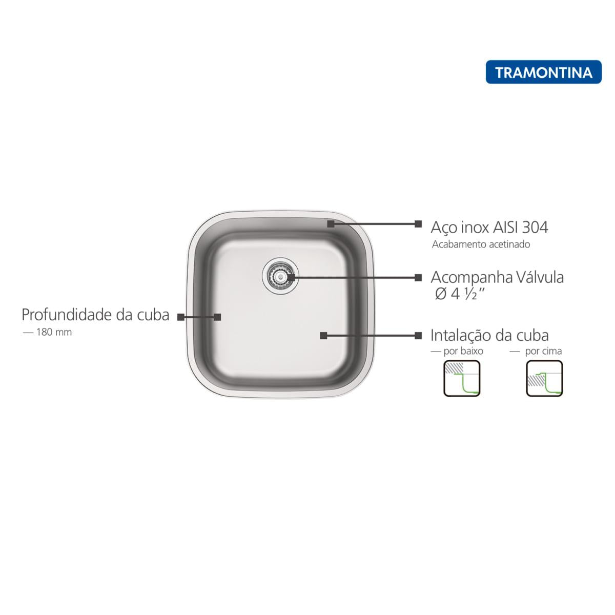Cuba Tramontina Aria Maxi 40 BS Prime em Aço Inox Acetinado 40 x 40 x 20 cm OUTLET