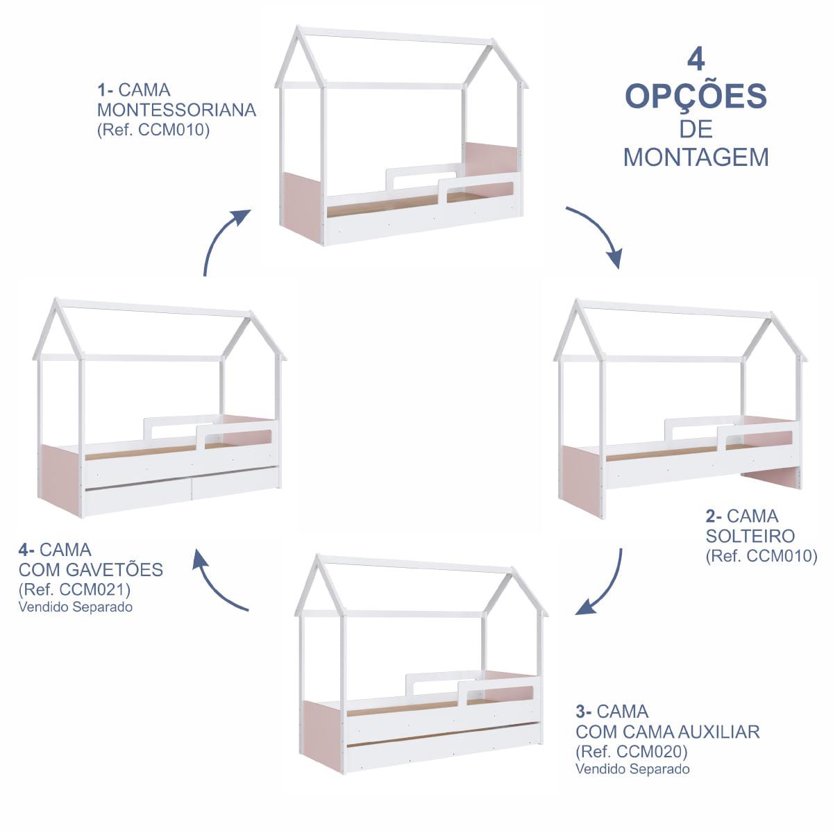 Cama Infantil Montessoriana Solteiro Branco com Rosa Completa Móveis
