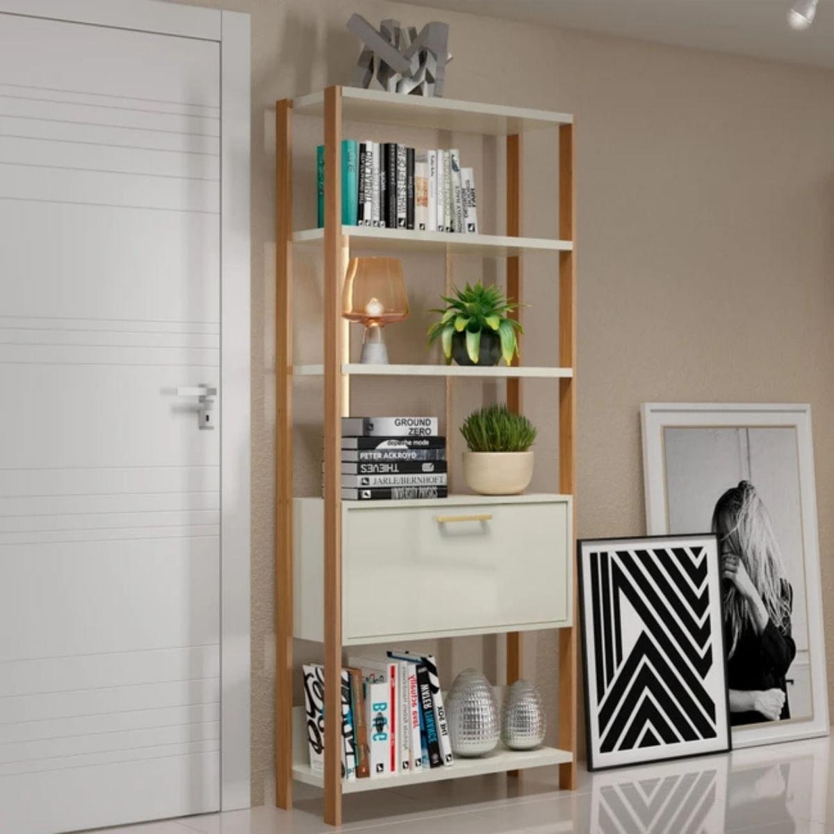 Estante 5 Prateleiras 1 `Porta Off White Freijó 73x32x185 cm Dalla Costa