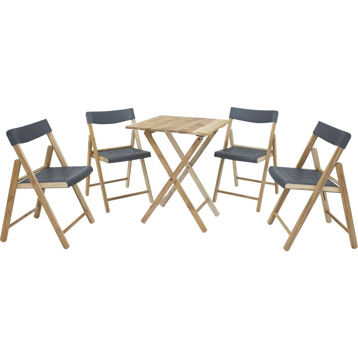 Conjunto de Cadeiras e Mesa de Madeira Tramontina Potenza Dobrável em Madeira Teca Natural e Polipropileno Grafite 5 Peças