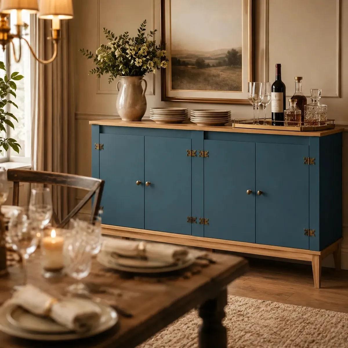 Aparador Colonial 149cm Azul Petróleo 4 Portas Movelbento