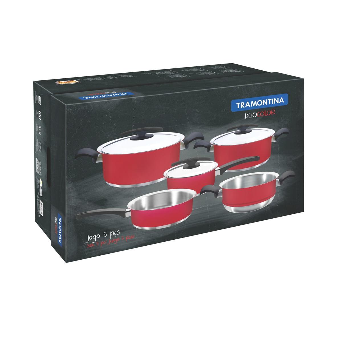Jogo de Panelas Tramontina Duo Color Vermelho em Aço Inox Fundo Triplo 5 Peças 65380016