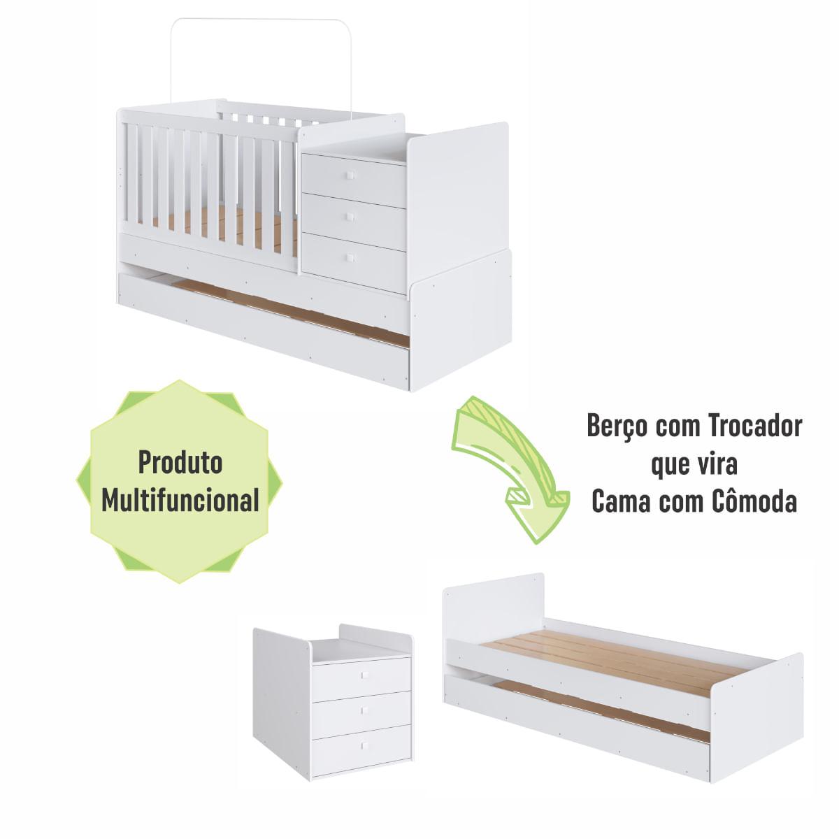 Berço Cama com Cômoda e Cama Auxiliar Branco Completa Móveis