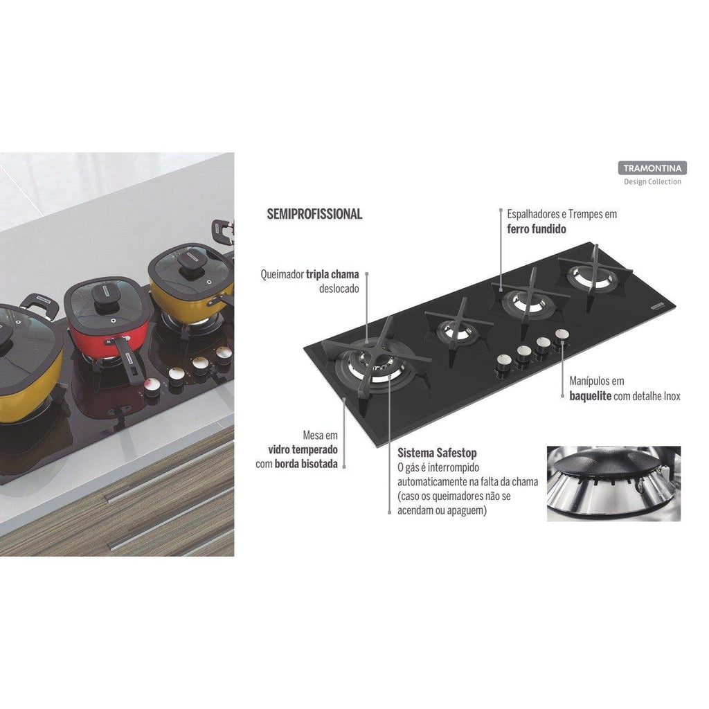 Cooktop a Gás Tramontina Slim Glass Flat 4GG B 100 Safestop em Vidro Temperado Preto e Trempes em Ferro Fundido
