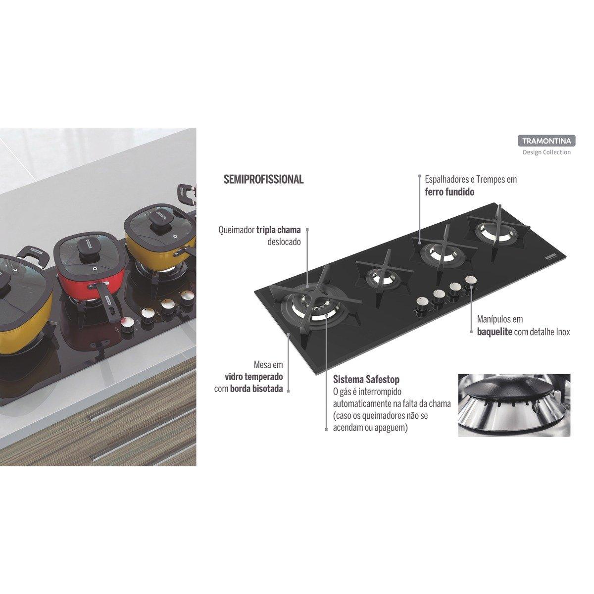 Cooktop a Gás Tramontina Slim Glass Flat 4GG B 100 Safestop em Vidro Temperado Preto e Trempes em Ferro Fundido
