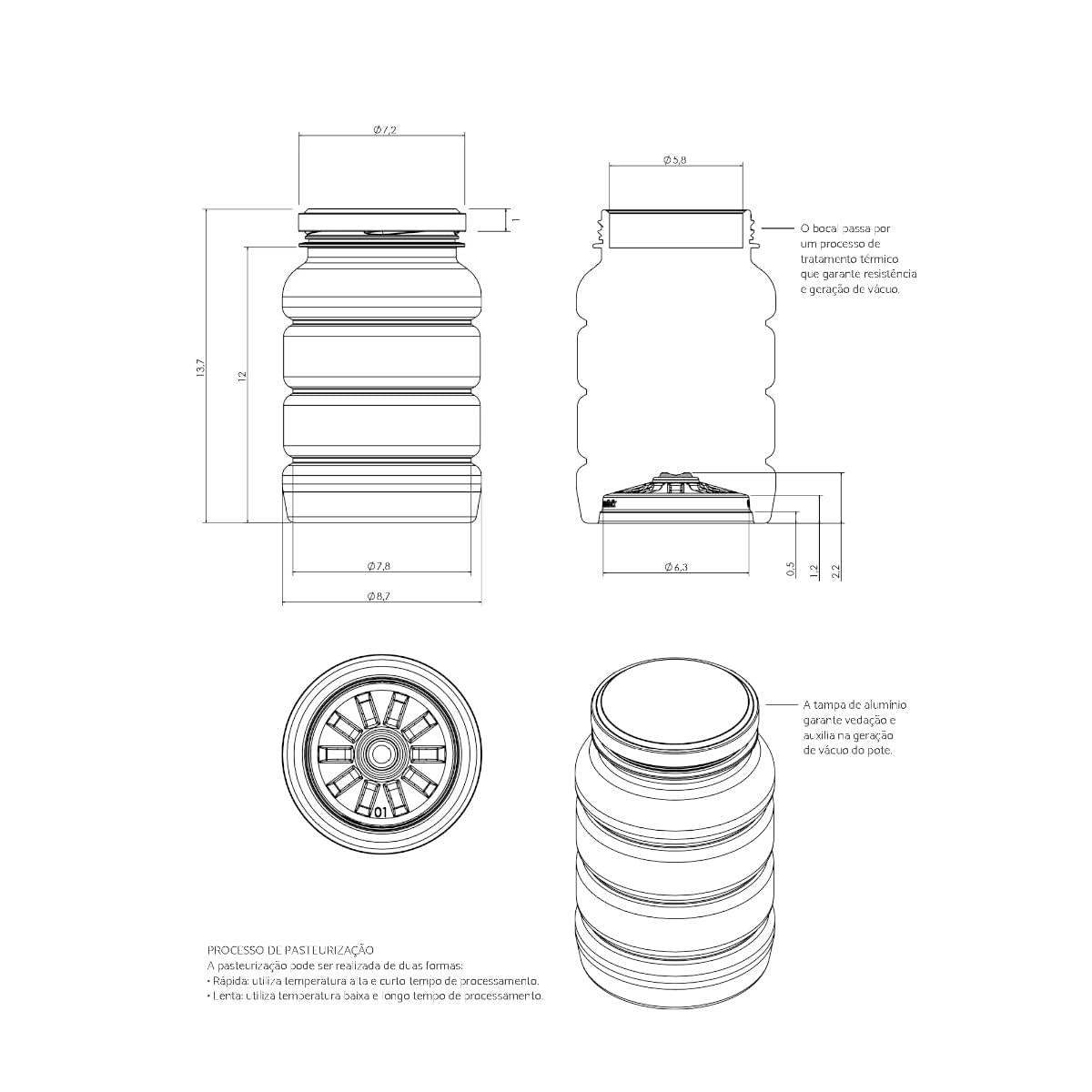 12 Potes para Conservas 550ml Plástico Tampa Alumínio G2500 Galvanotek