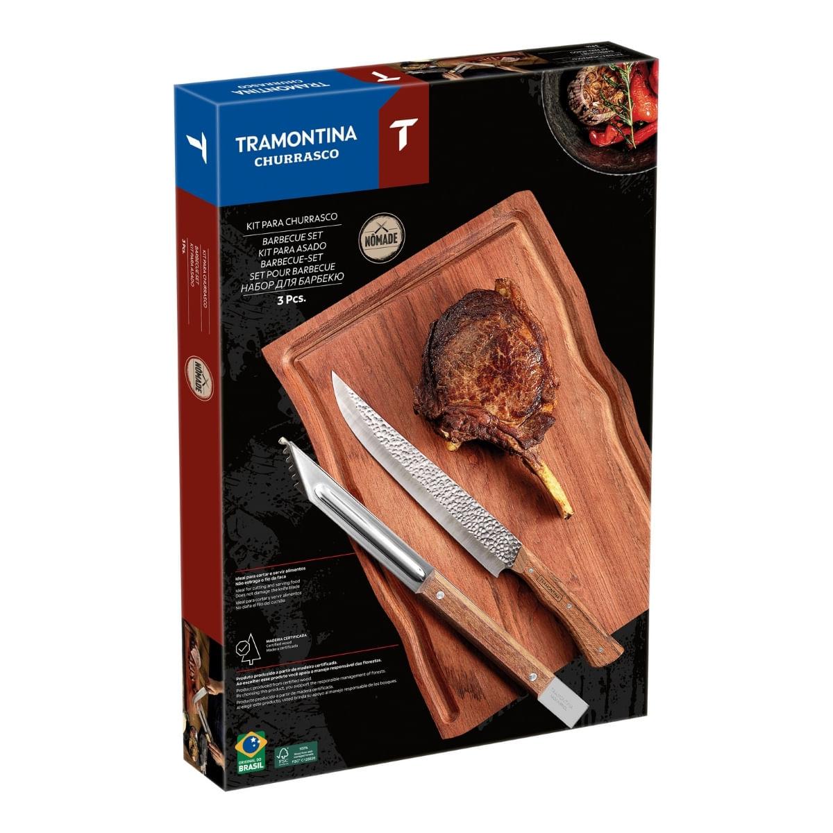 Kit para Churrasco Tramontina em Aço Inox e Madeira com Tábua 3 Peças