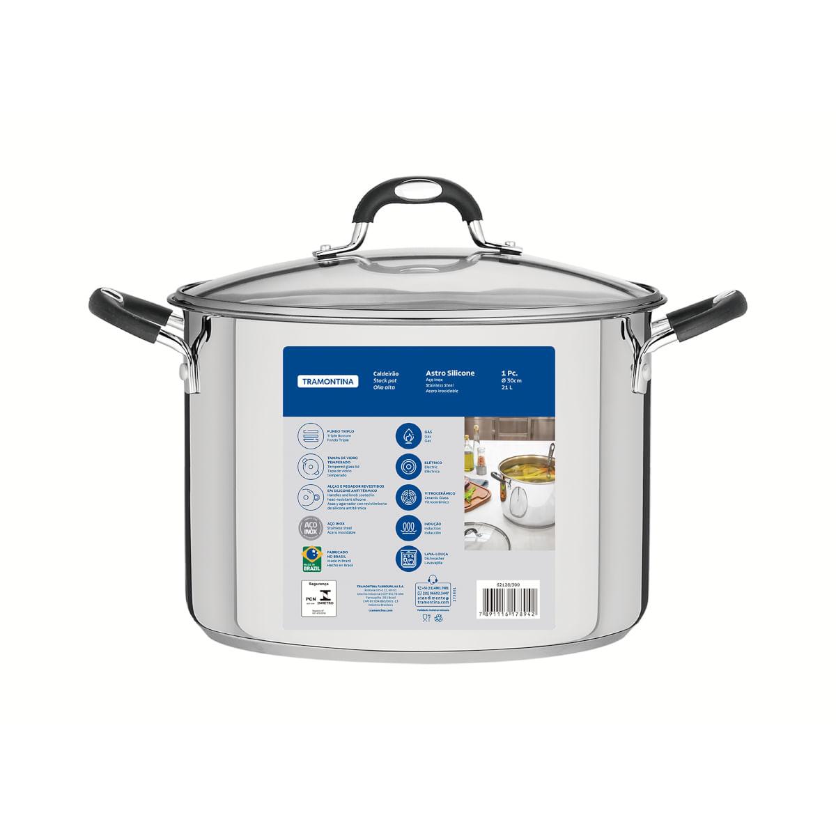 Caldeirão Tramontina Astro Aço Inox Tampa de Vidro 30 cm 20,8 Litros