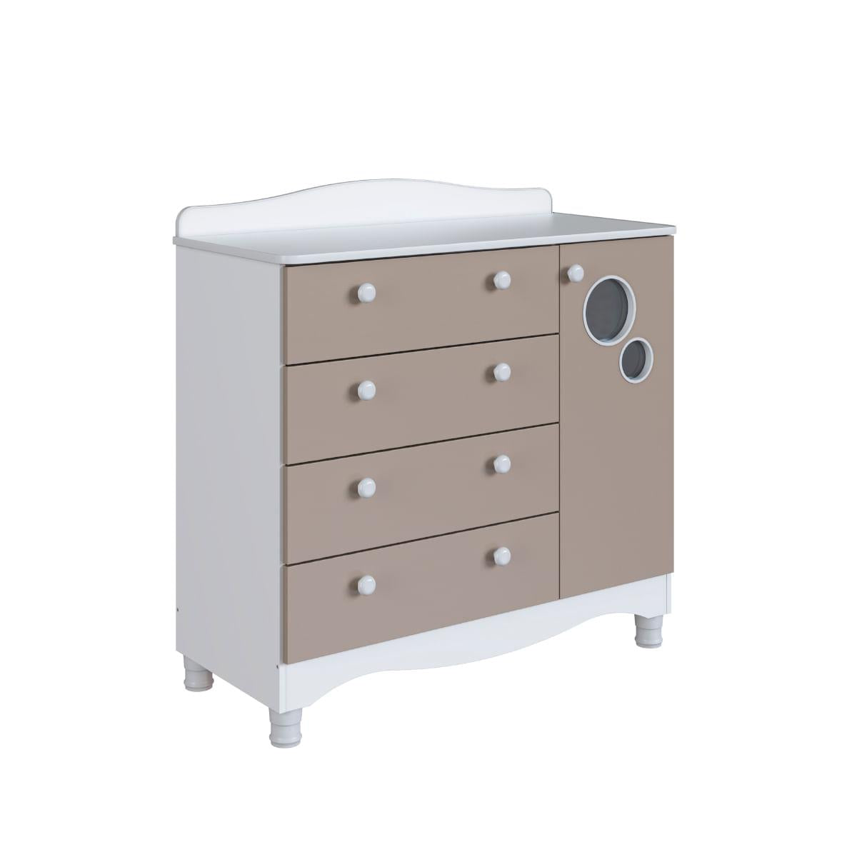 Cômoda Infantil 4 Gavetas 1 Porta Encanto Branco e Cinnamon Completa Móveis