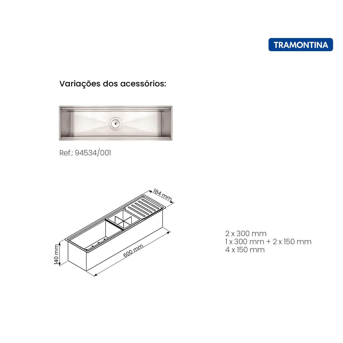 Canal Organizador em Aço Inox Tramontina para Sobrepor com Acabamento Scotch Brite 60x18 cm
