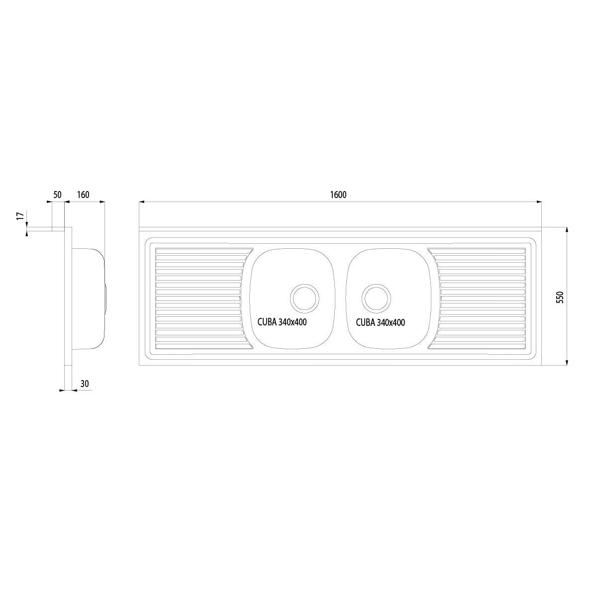 Pia de Apoio Tramontina Ribon 2C 34 em Aço Inox 160 x 55 cm