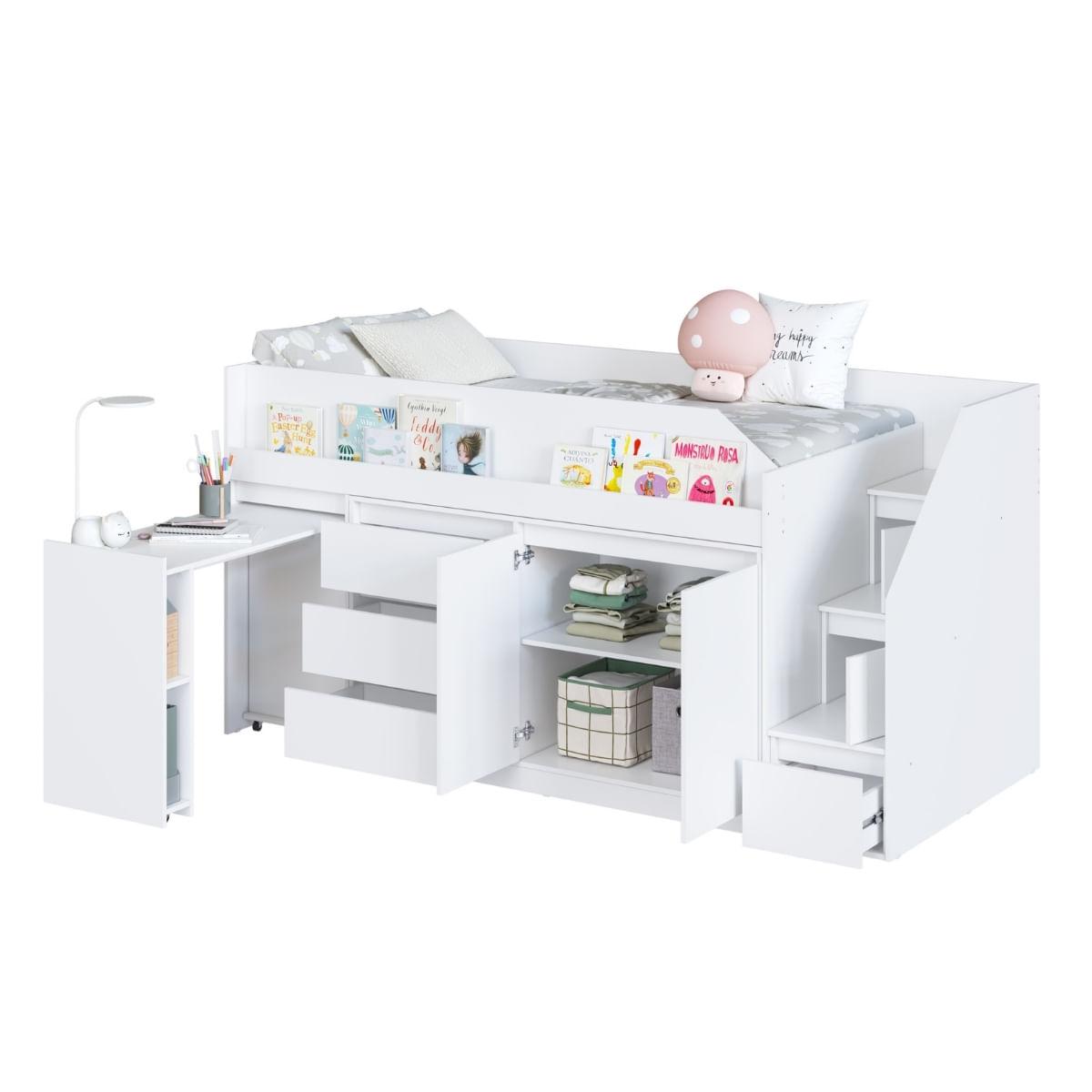 Cama Infanto Juvenil com Escrivaninha e Balcão Branco Completa Móveis