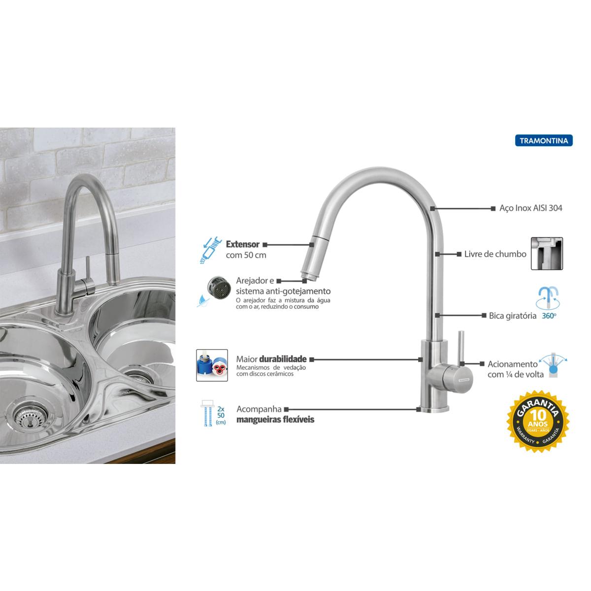 Misturador Monocomando Tramontina Arko Plus em Aço Inox com acabamento Scotch Brite e Extensor
