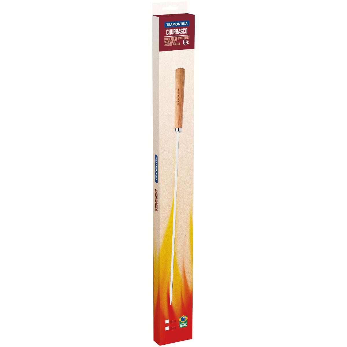 Conjunto de Espetinhos Tramontina 6 Peças Aço Inox com Cabo de Madeira 50 cm