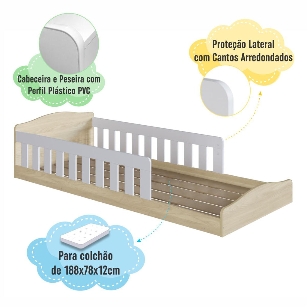 Cama de Chão Montessoriana Solteiro Encanto Carvalho com Branco Completa Móveis