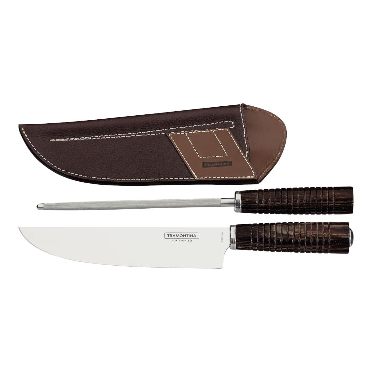 Jogo para Churrasco Tramontina Aço Inox Cabos em Madeira Polywood Castanho Bainha de Couro e Estojo de Madeira 2 Peças