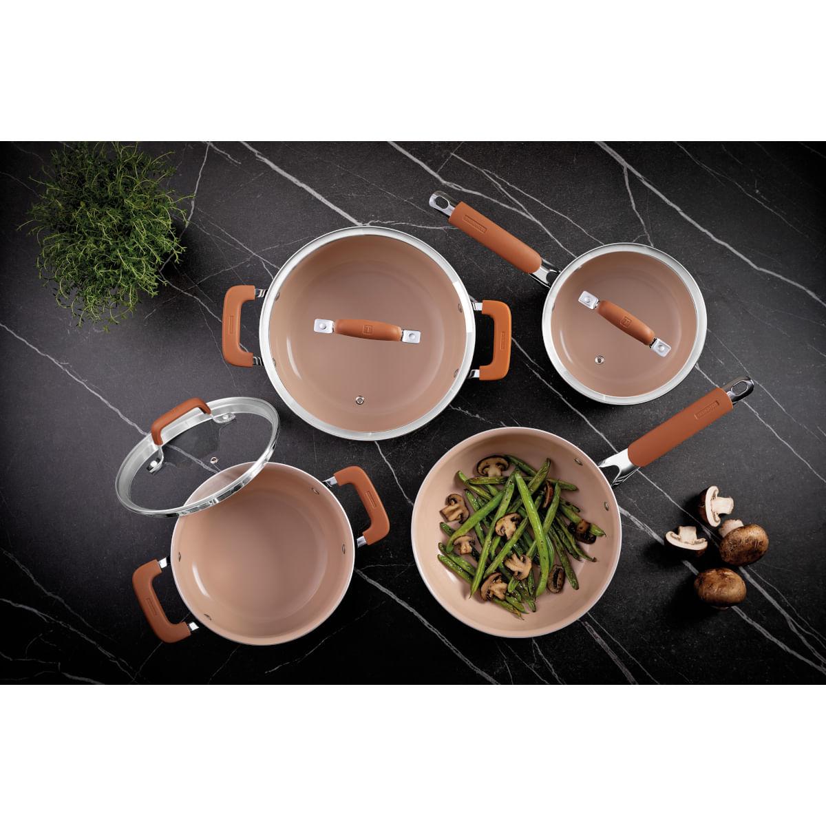 Jogo de Panelas Tramontina Romagna Aço Inox Cerâmico Black Stone 4 peças Marfim