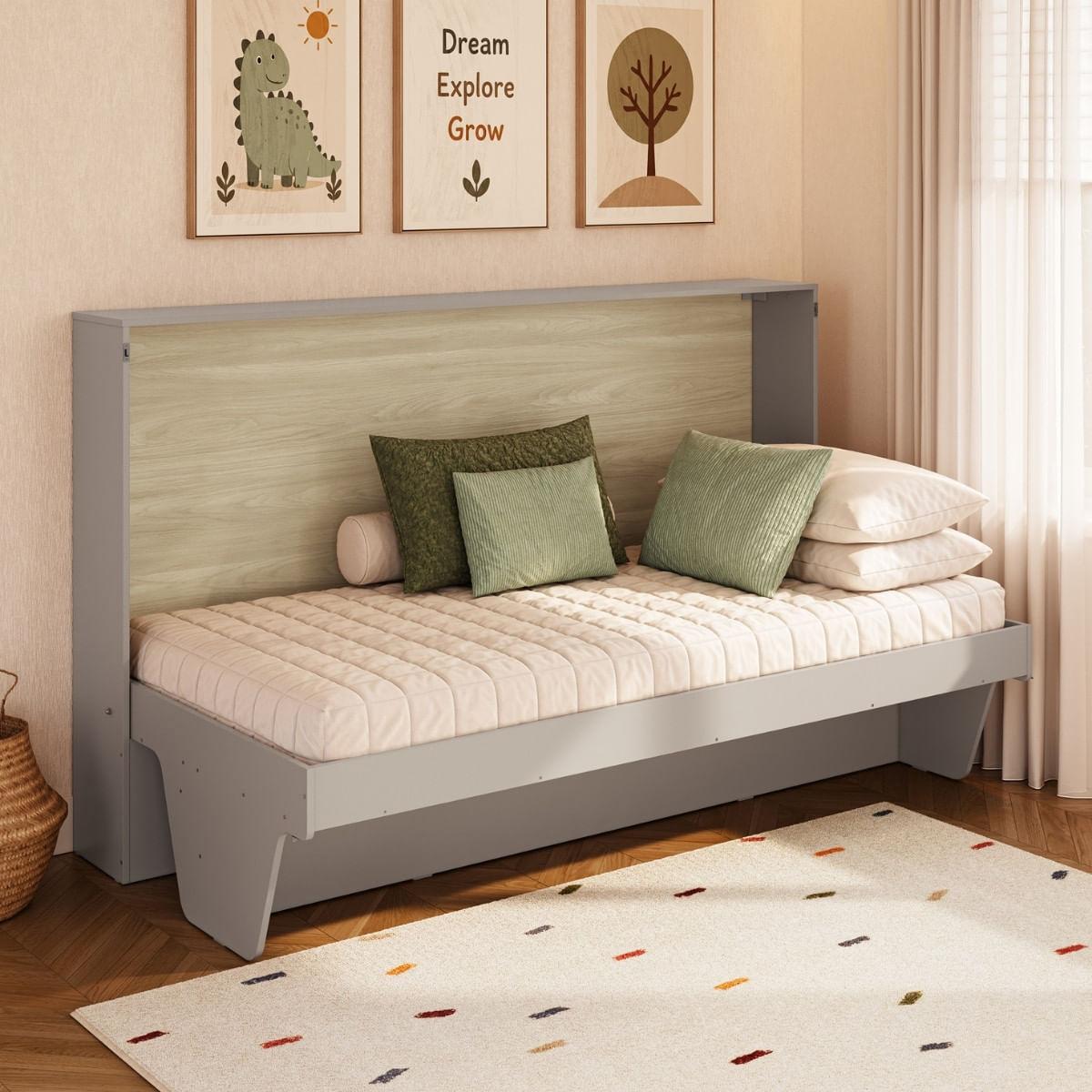 Cama Retrátil Essencial com Escrivaninha Cinza e Carvalho Completa Móveis