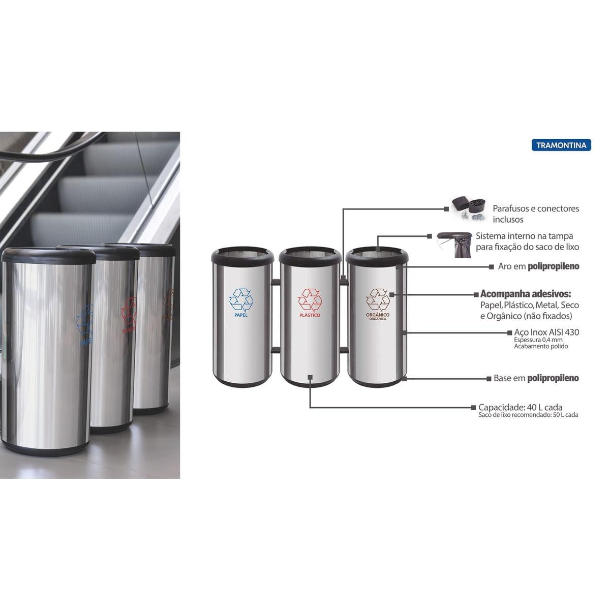 Conjunto de Lixeiras para Coleta Seletiva Tramontina em Aço Inox Polido 3 x 40 L