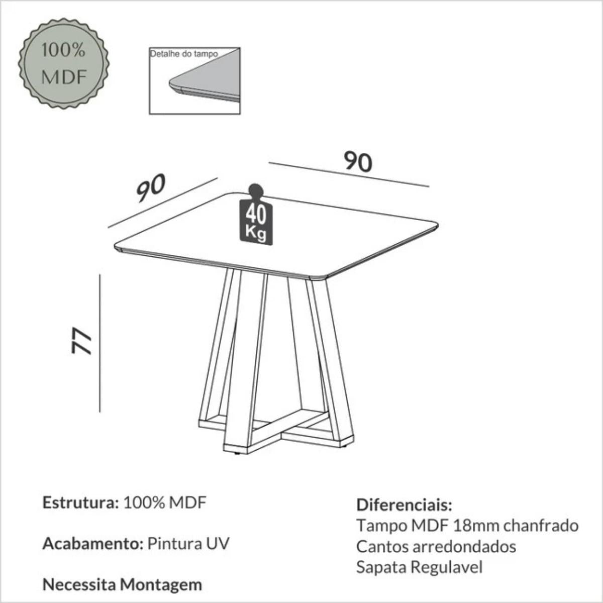 Mesa de Jantar 90cm 4 Lugares Carvalho Rosé Dalla Costa