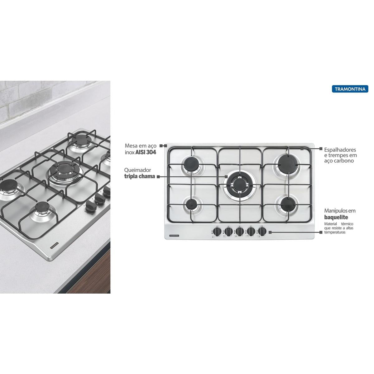 Cooktop a Gás 5 Queimadores Tramontina New Penta 5GX TRI 75 em Aço Inox