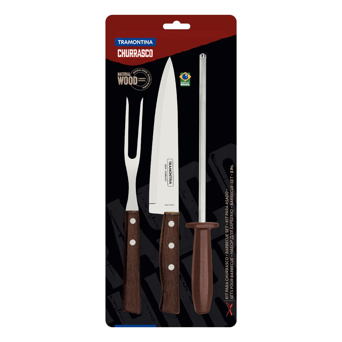 Kit para Churrasco Tramontina Aço Inox Madeira Natural e Polipropileno 3 Peças