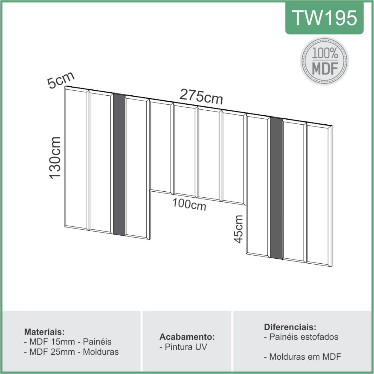 Cabeceira Estofada Casal Queen 275 cm Freijó/Linho Cinza Claro TW195 J18 Dalla Costa