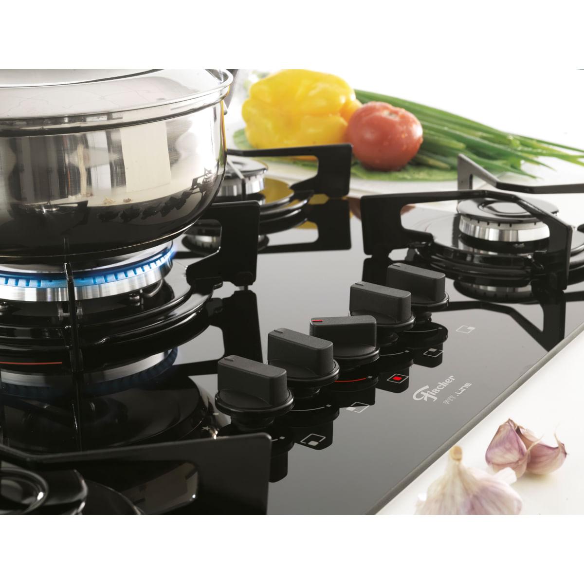 Fogão Cooktop Fischer 5Q Tripla Chama Fit Line Gás Mesa Vidro