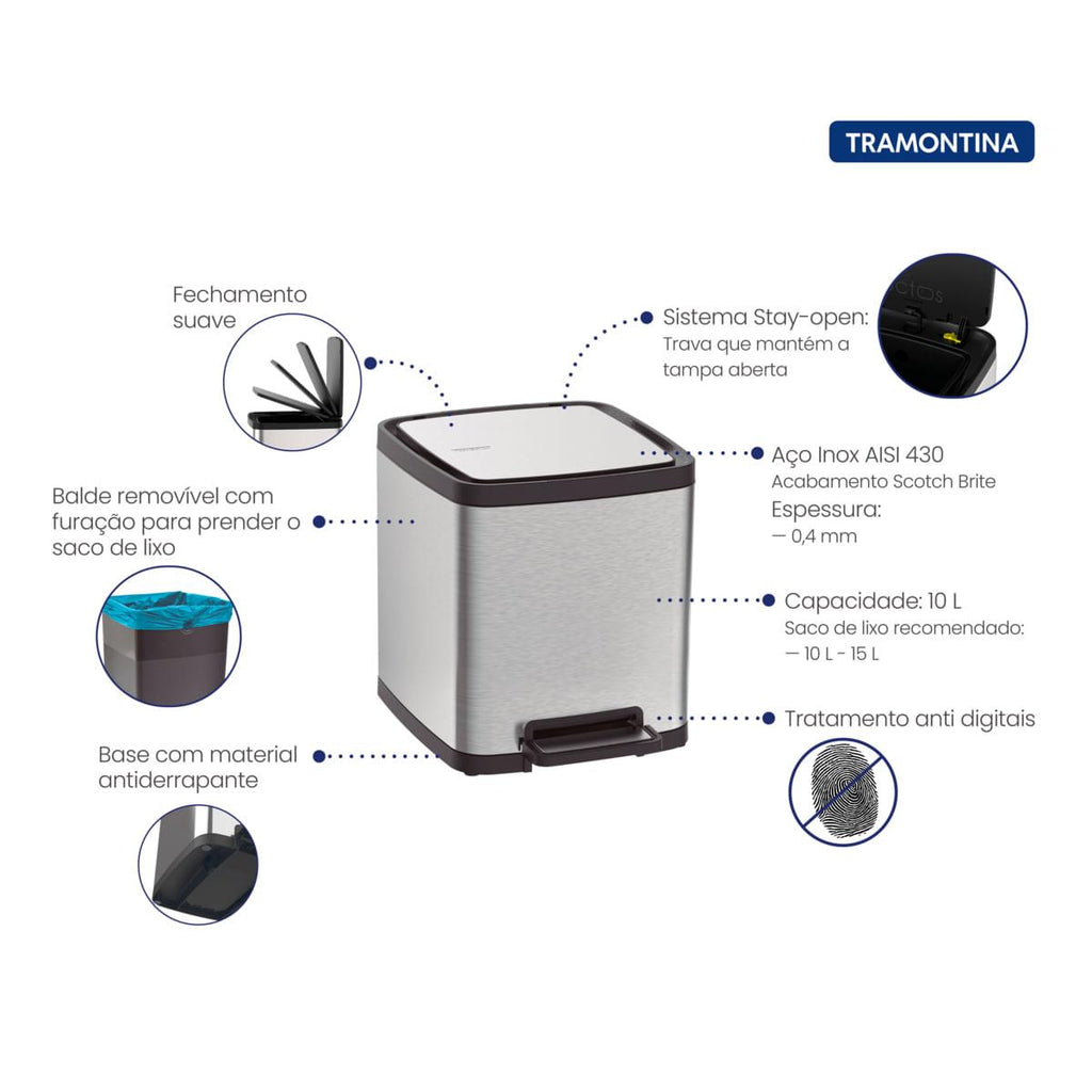 Lixeira Tramontina Octos 10 Litros em Aço Inox com Balde Removível e Pedal
