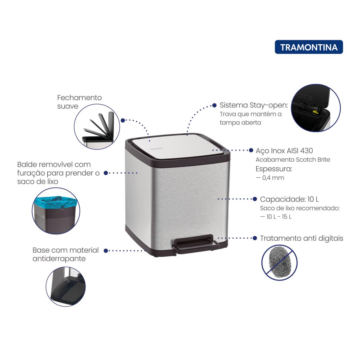 Lixeira Tramontina Octos 10 Litros em Aço Inox com Balde Removível e Pedal