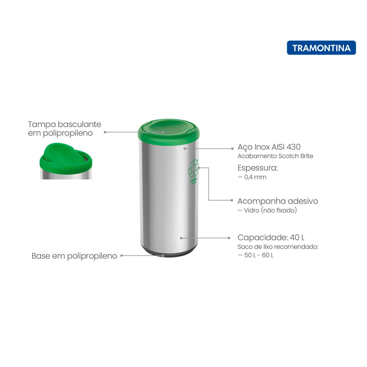 Lixeira Inox Tramontina Piemonte 40 Litros Scotch Brite e Tampa Basculante Verde OUTLET
