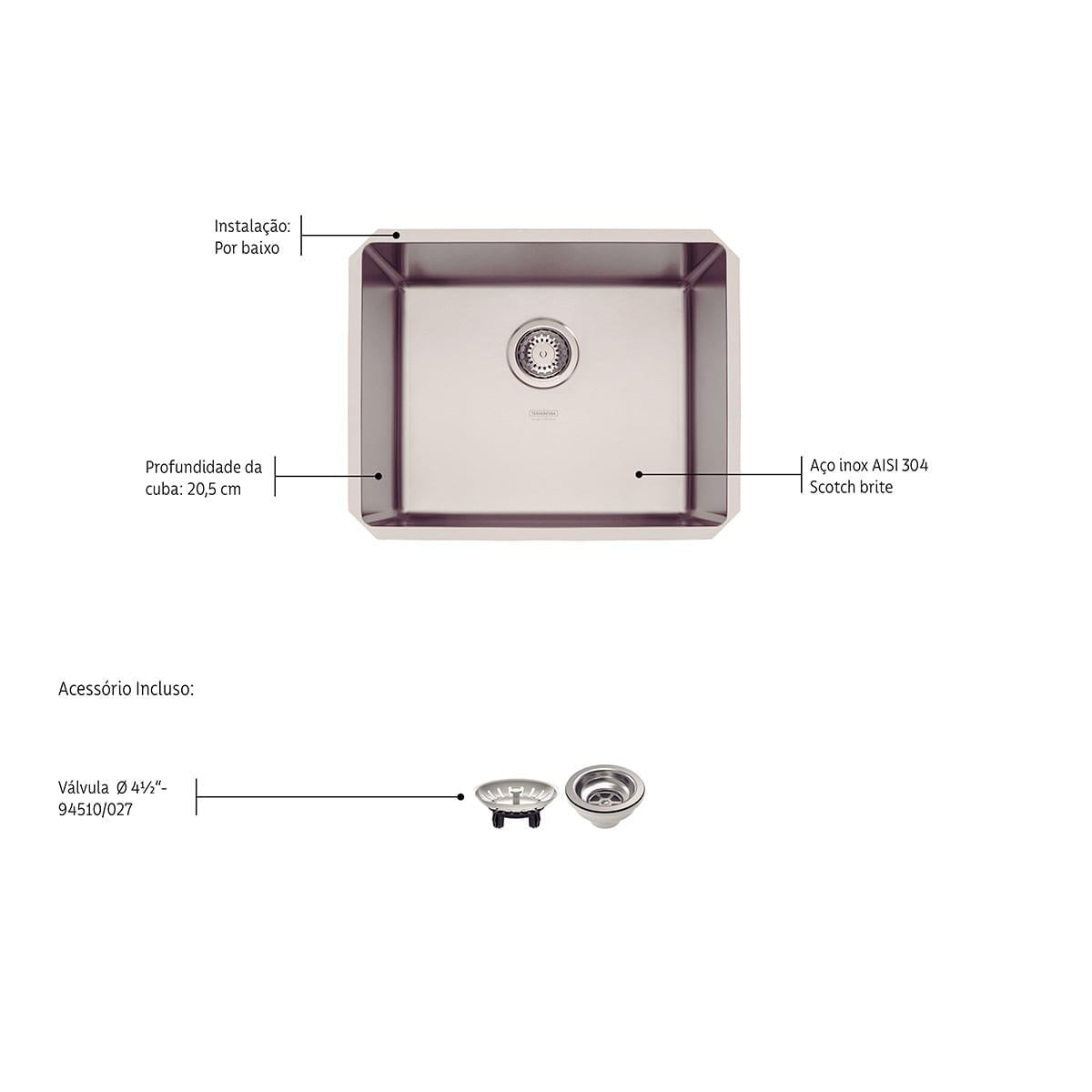Cuba de Embutir Quadrum 50 Tramontina 50x40x20 cm em Aço Inox Acetinado OUTLET