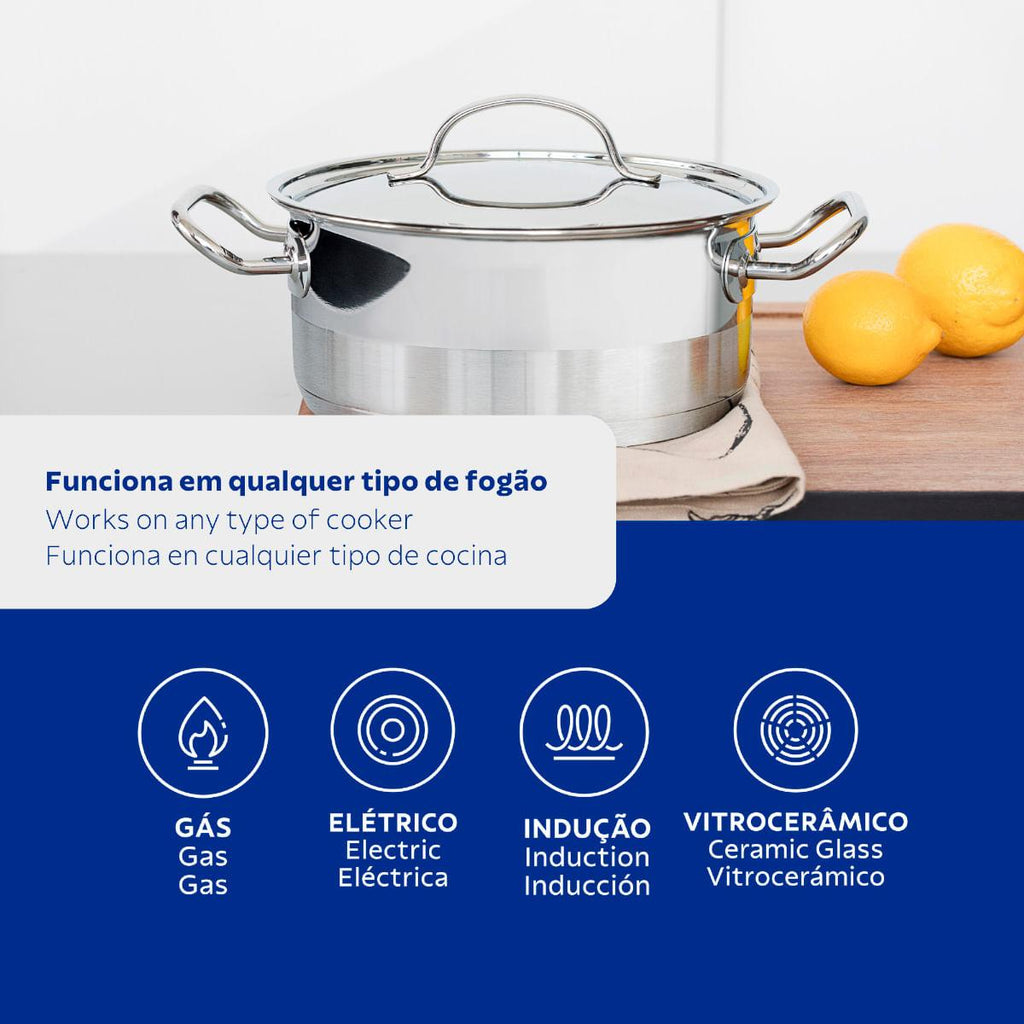 Caçarola Rasa Tramontina Professional Aço Inox 4,7L com Tampa Plana e Fundo Triplo 24cm