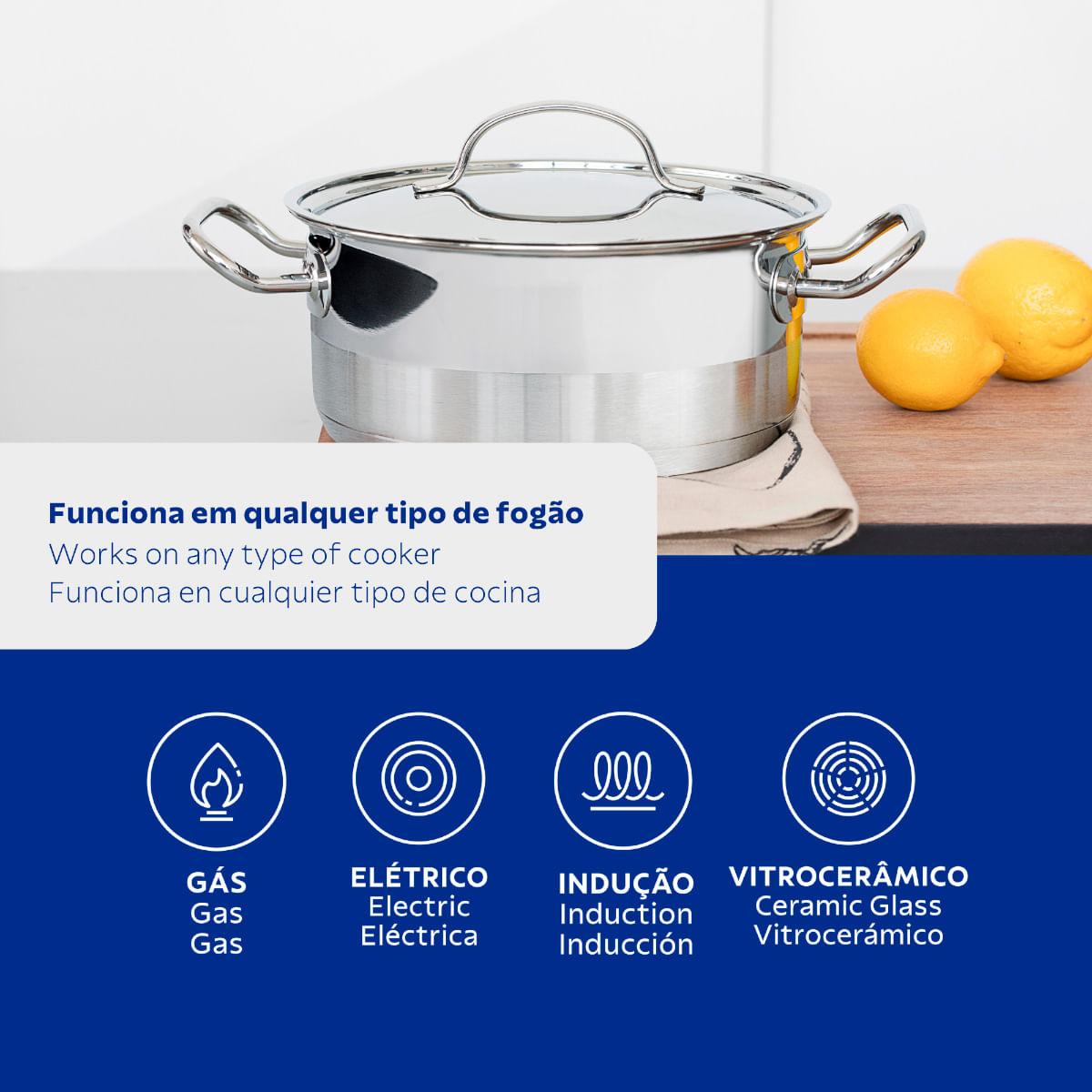 Caçarola Rasa Tramontina Professional Aço Inox 4,7L com Tampa Plana e Fundo Triplo 24cm