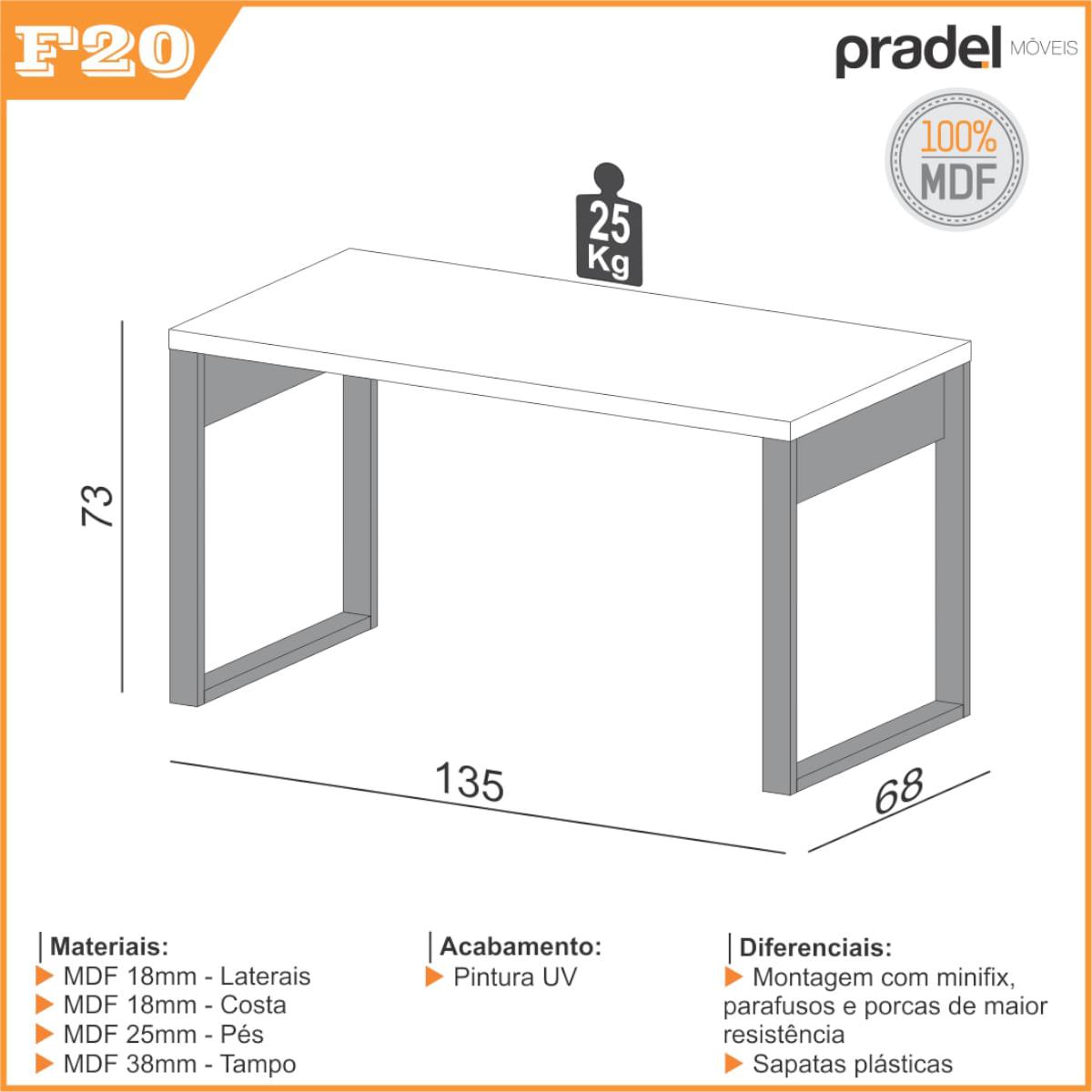 Mesa para Escritório 135x68 cm em MDF F20 Freijó/Preto Fosco Pradel Dalla Costa