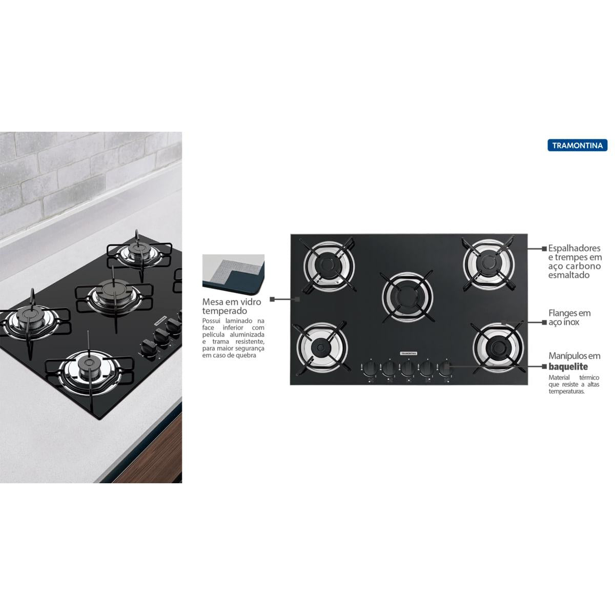 Cooktop a Gás Tramontina Brasil em Vidro Temperado Preto 5 Queimadores
